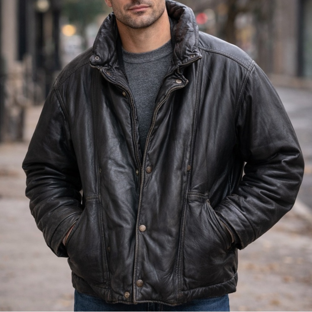 Vintage‎ Lothar’s Leather Goose Down Puffer Jacket Distressed Black Archive L